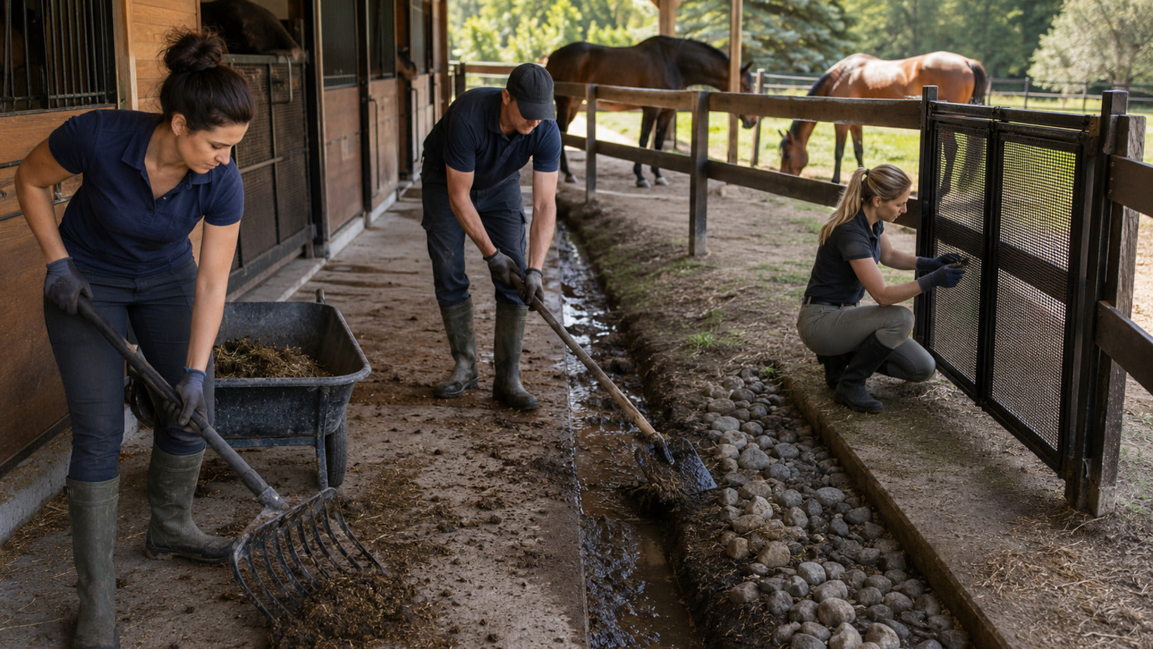 Barn team cleaning manure and checking fly-control points during a two-week reset
