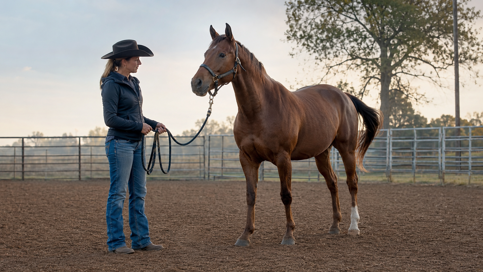 Rider assessing an alert horse before beginning arena work