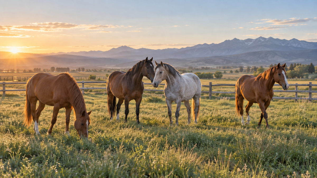 Four horses grazing and moving together in an open pasture at sunrise