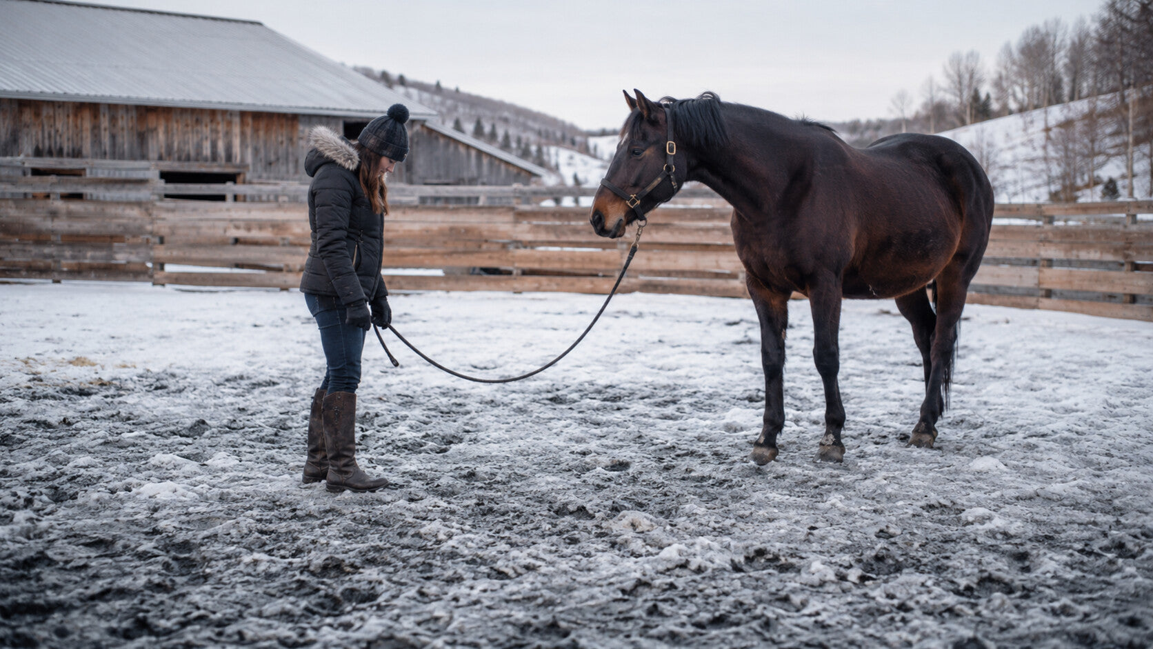 Handler inspecting frozen winter footing beside a horse