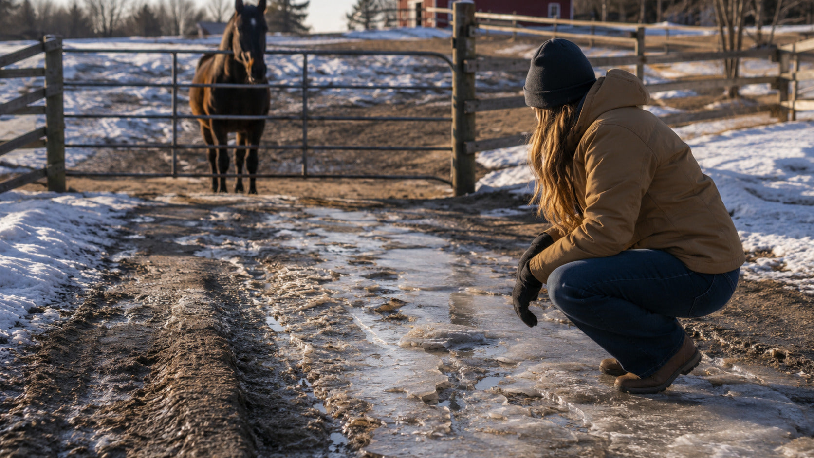 Horse owner inspecting frozen ruts and mixed footing before turnout