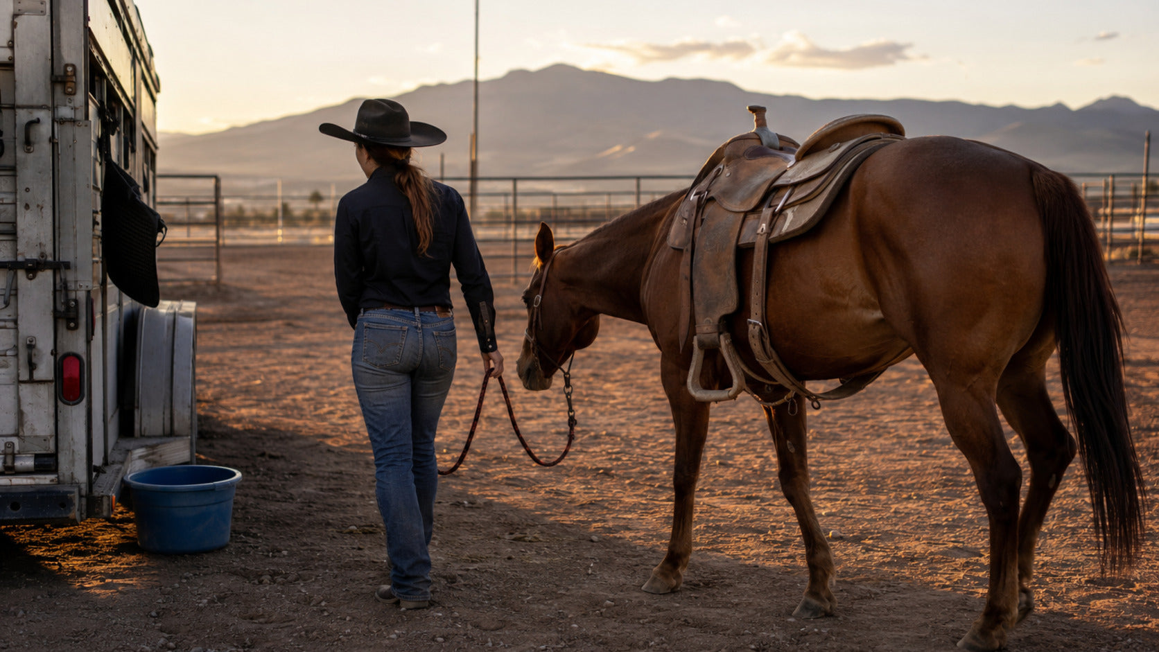 Barrel horse and rider calmly inspecting unfamiliar arena footing after hauling