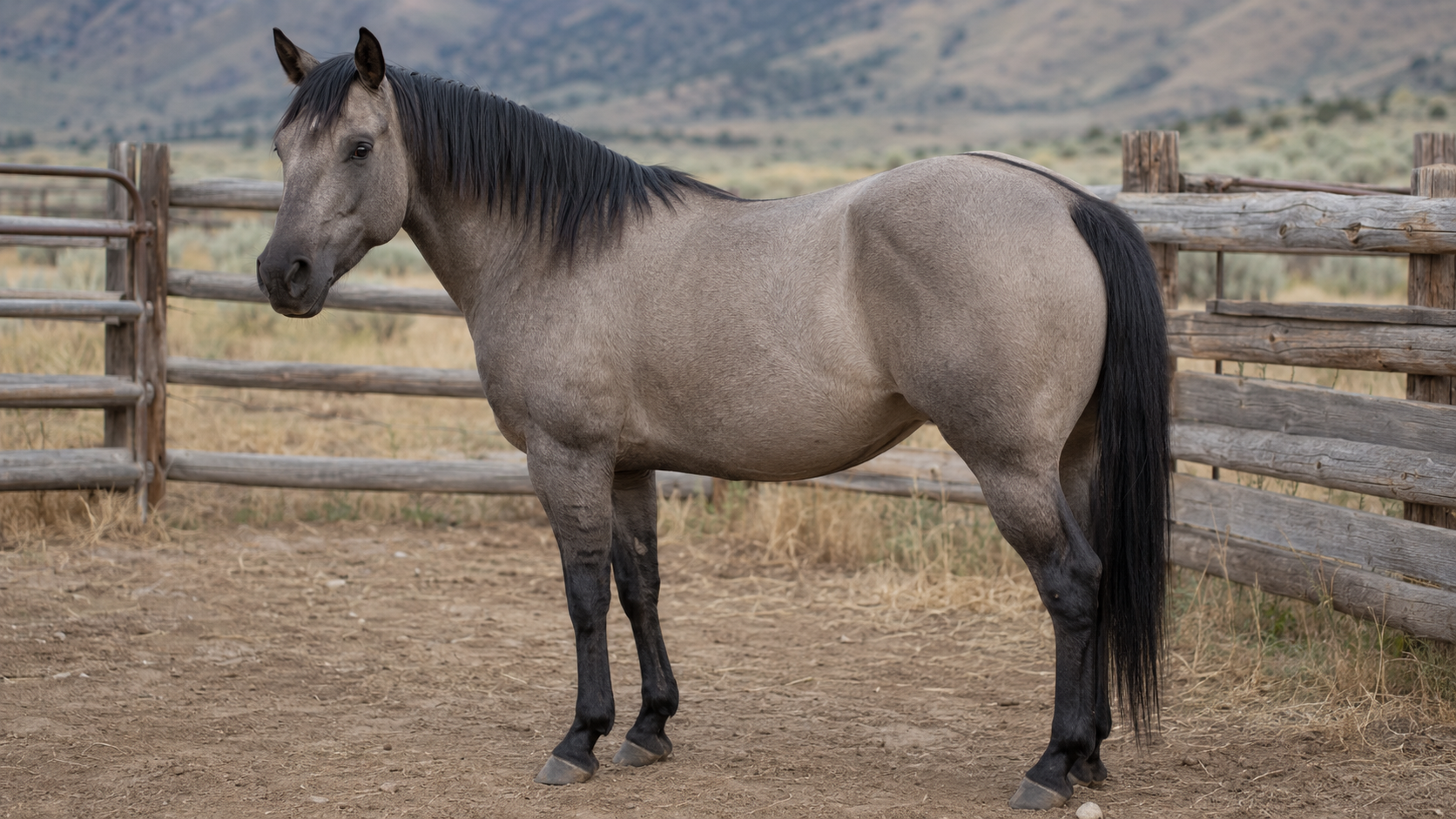 Grullo Quarter Horse with a smoky mouse-gray coat, black points and a dark dorsal stripe