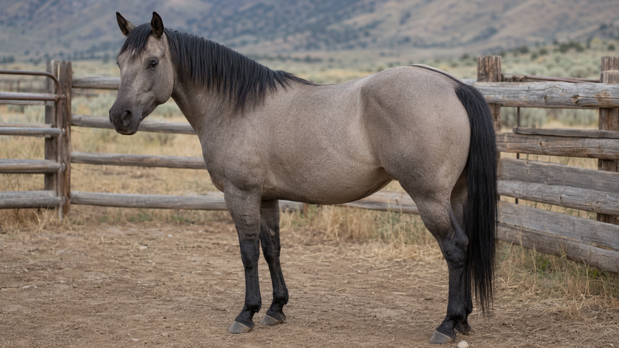 Grullo Quarter Horse with a smoky mouse-gray coat, black points and a dark dorsal stripe