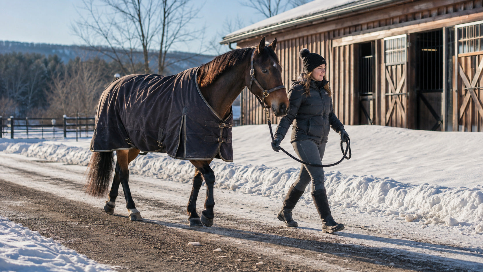 Handler hand-walking a horse on a cleared winter lane