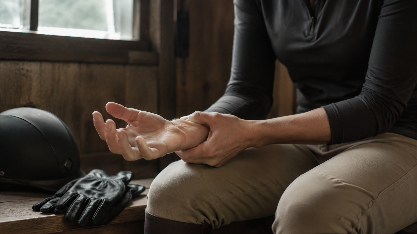 Rider checking one hand and wrist after a ride in the tack room