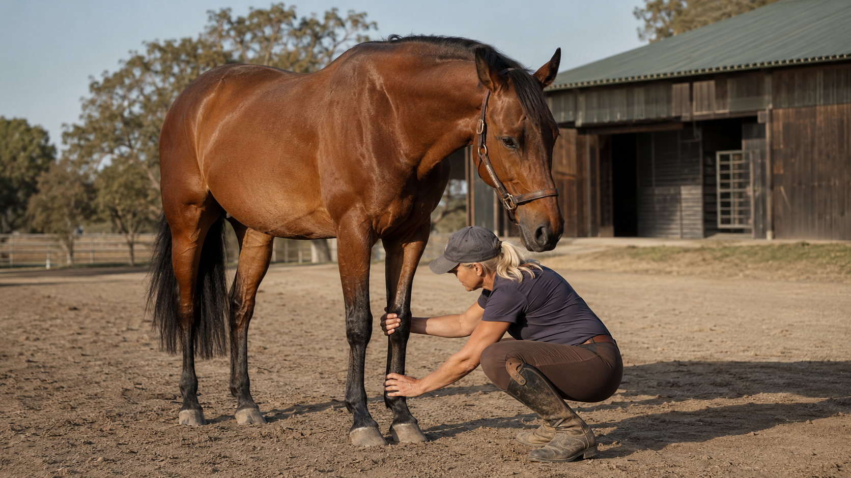 Horse owner checking lower front legs after riding on firm dry ground