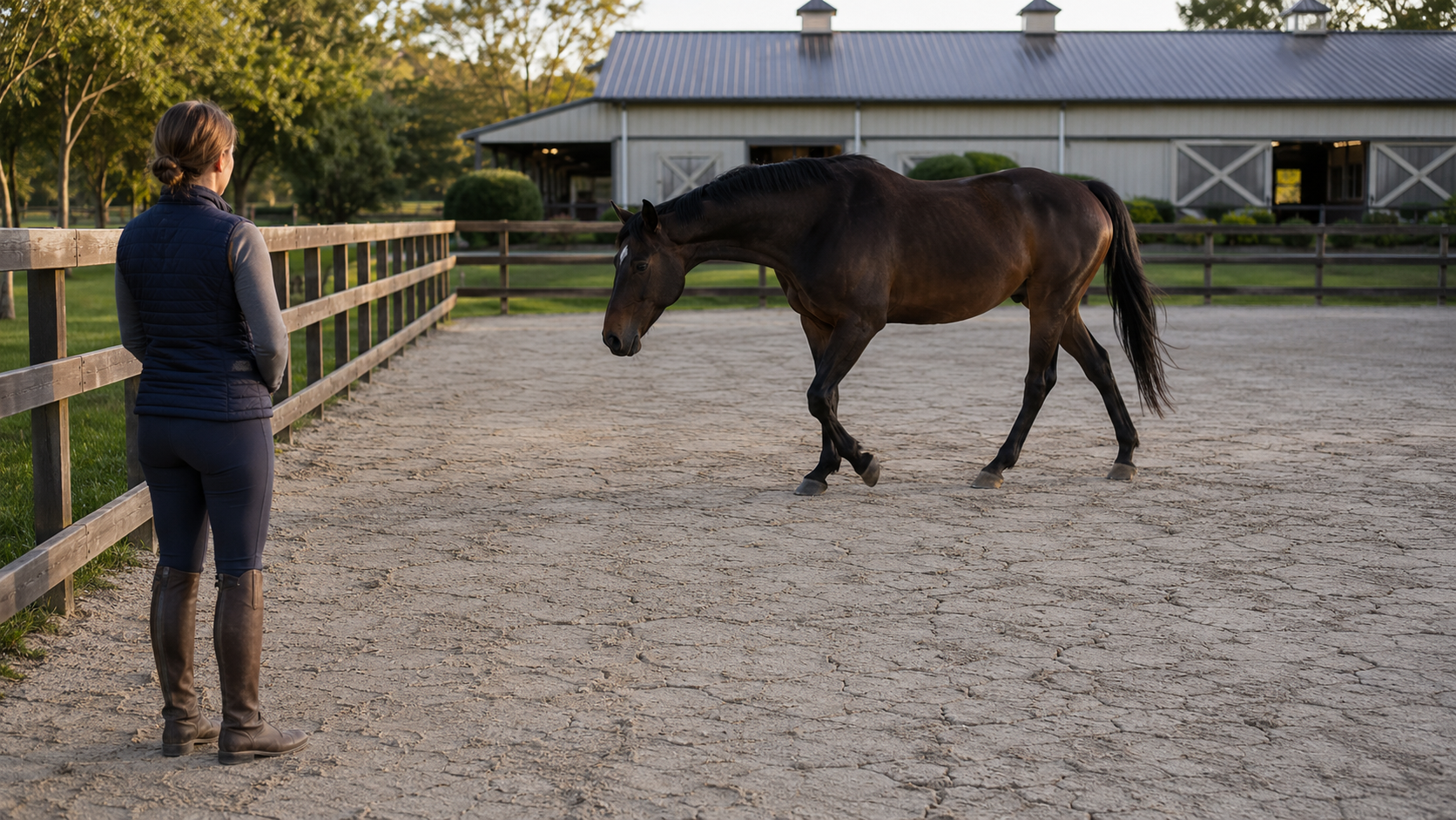 Rider observing a horse walking on hard packed arena ground