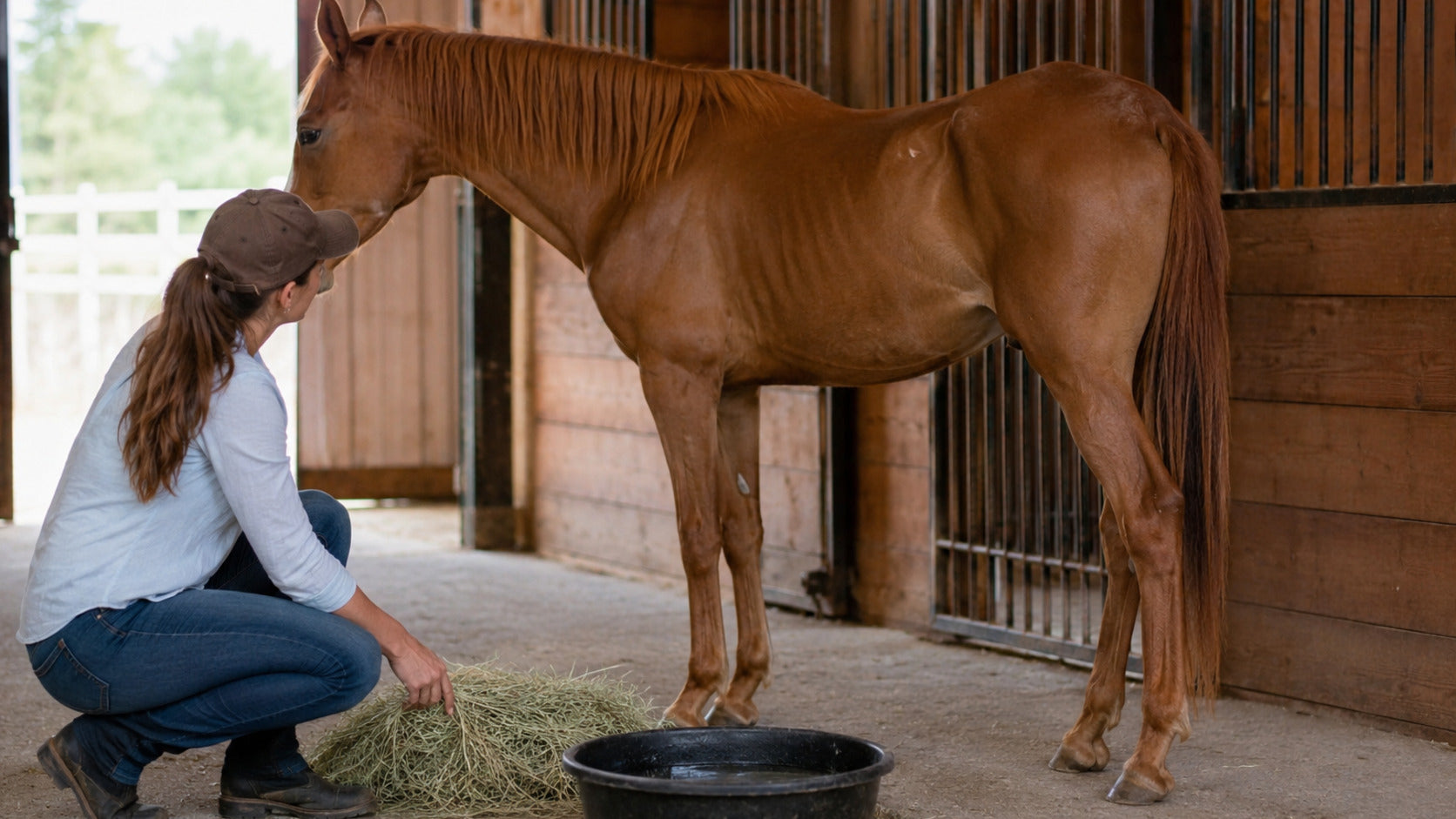 Horse owner reviewing water forage and body condition of a lean healthy horse