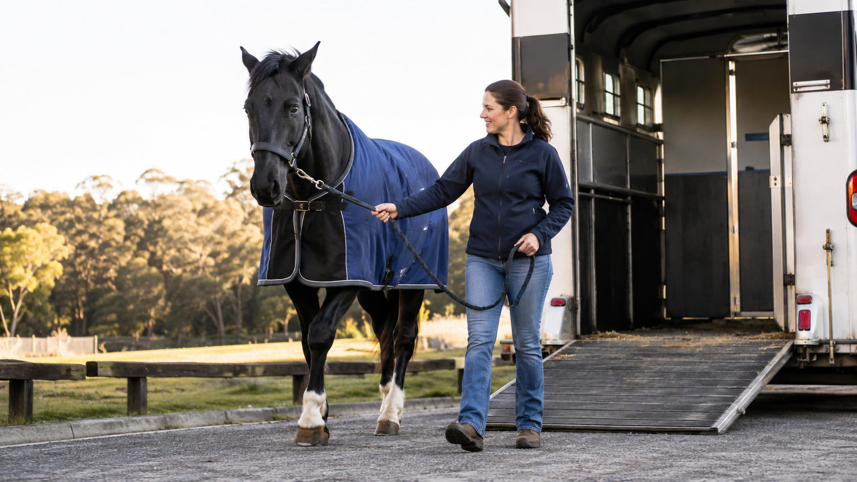 Handler walking a horse after unloading from a trailer