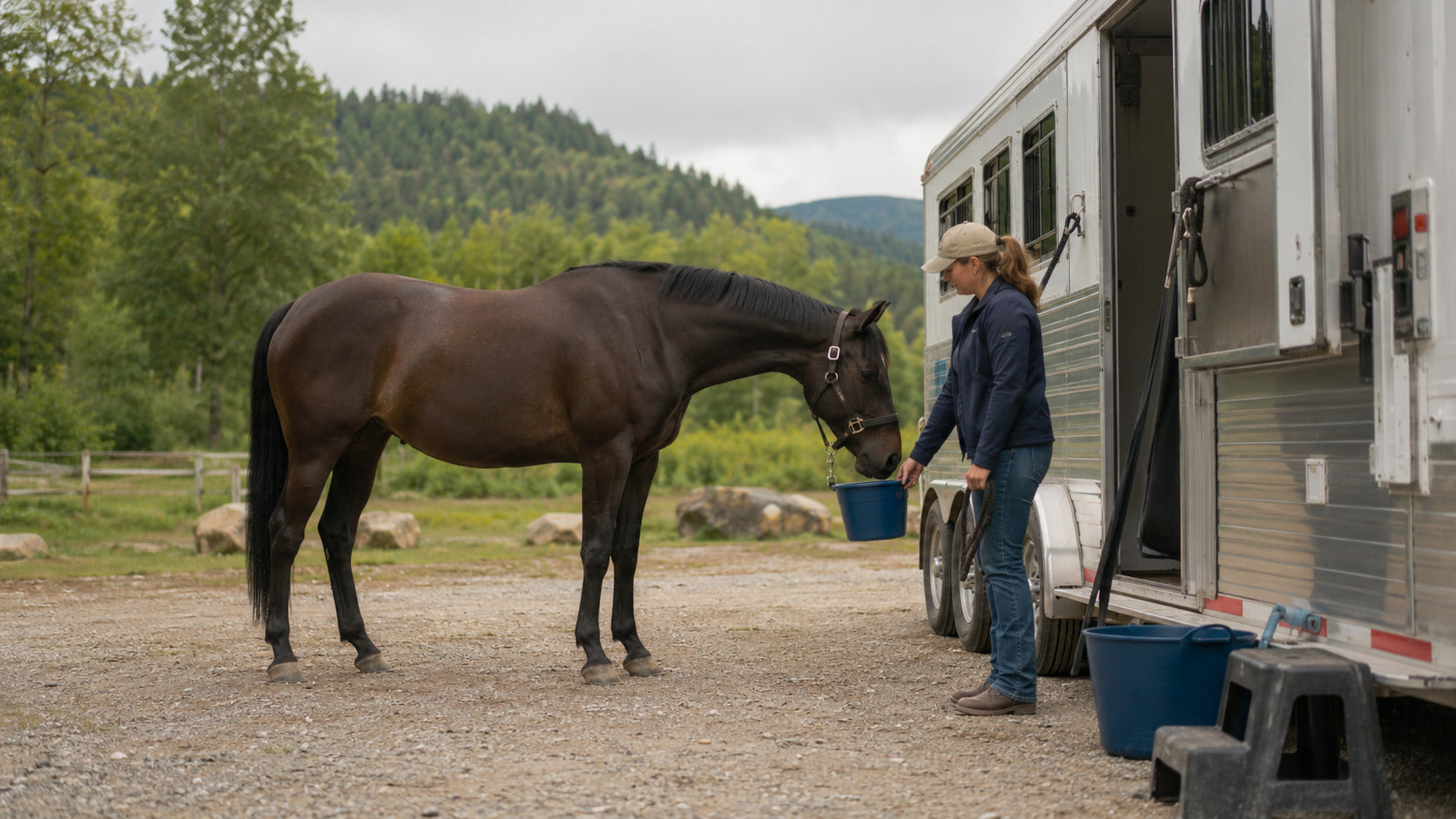 Horse owner offering familiar water to a horse during a trailer stop