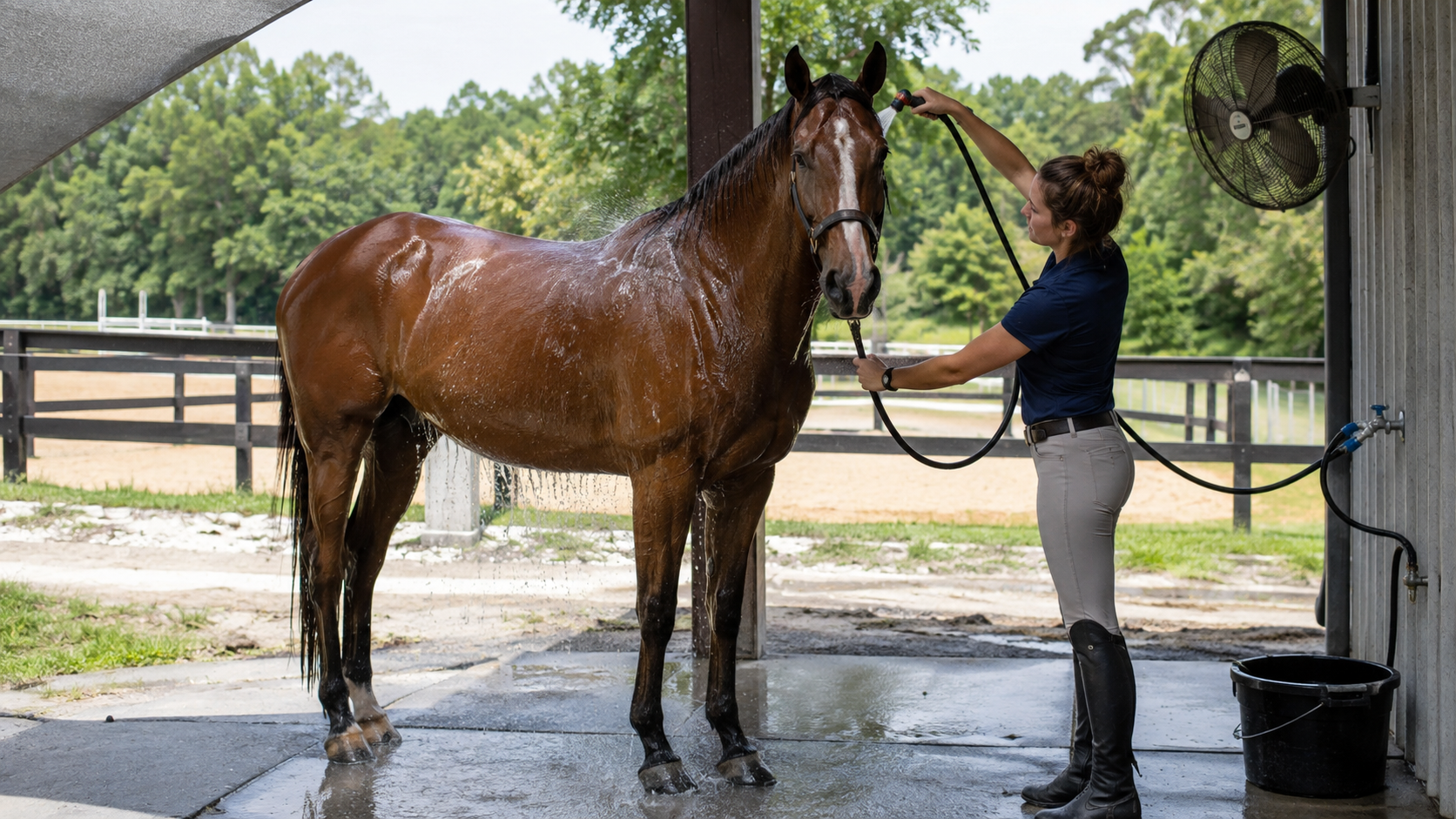 Owner cooling a hot horse with water and airflow at a wash rack