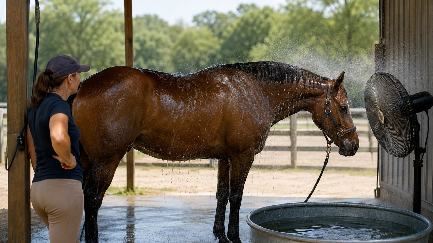 Sweaty horse cooling in shade with clean water available after work