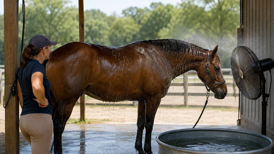 Sweaty horse cooling in shade with clean water available after work