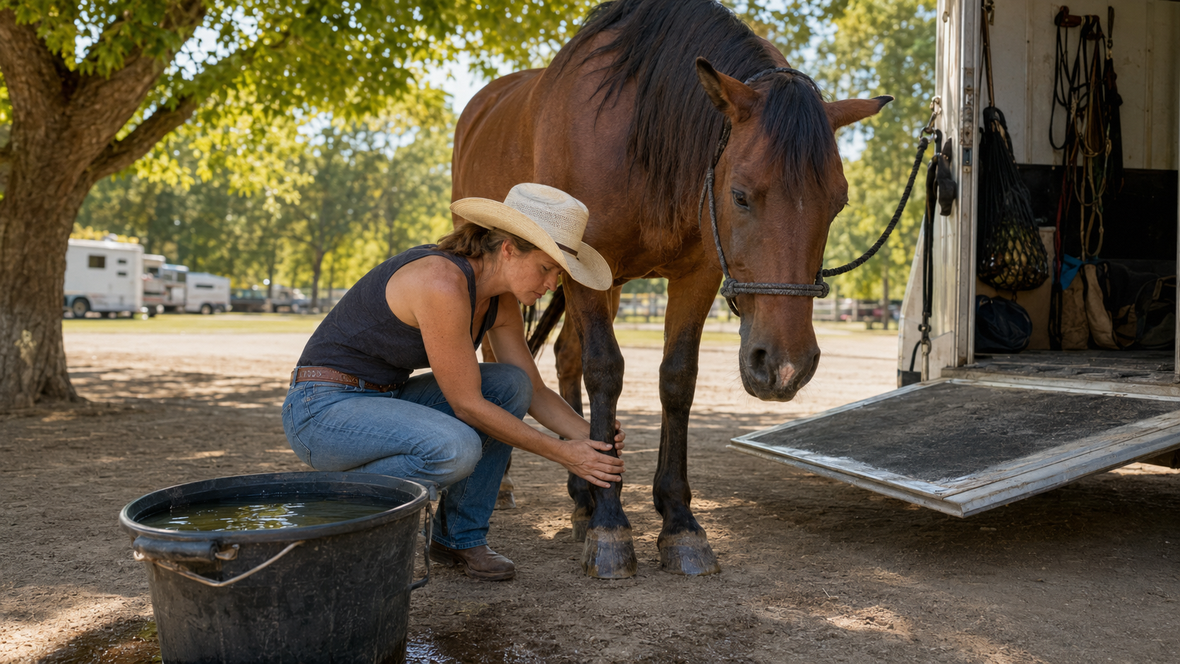 Horse owner checking lower legs beside water and shade on a holiday weekend