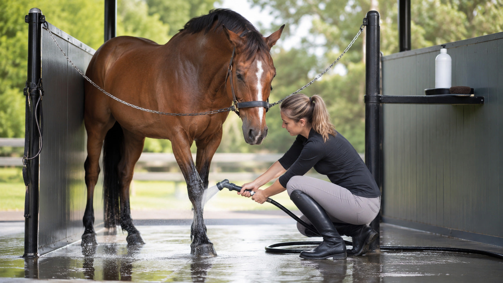 Handler rinsing a horse's lower legs after a shampoo routine