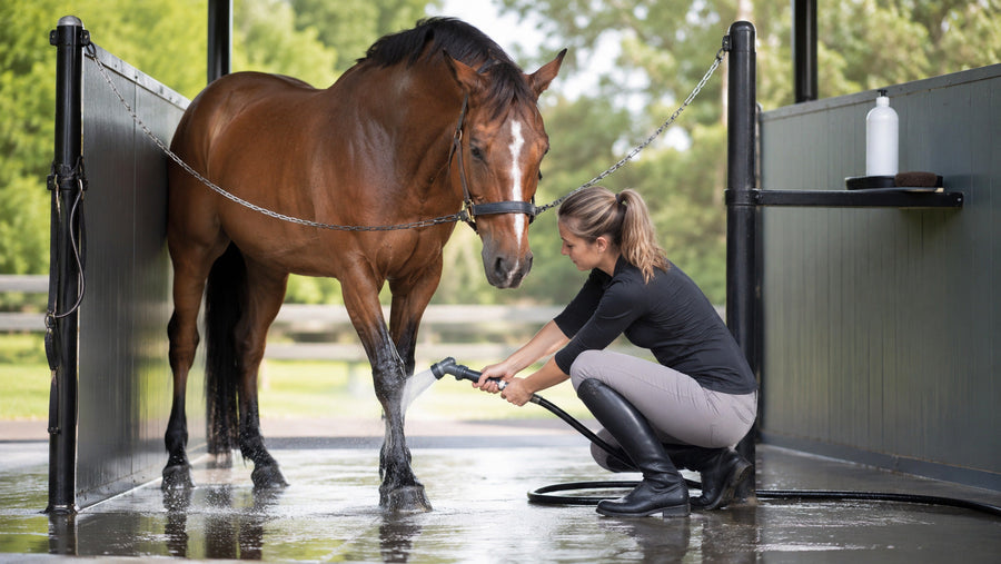 Handler rinsing a horse's lower legs after a shampoo routine