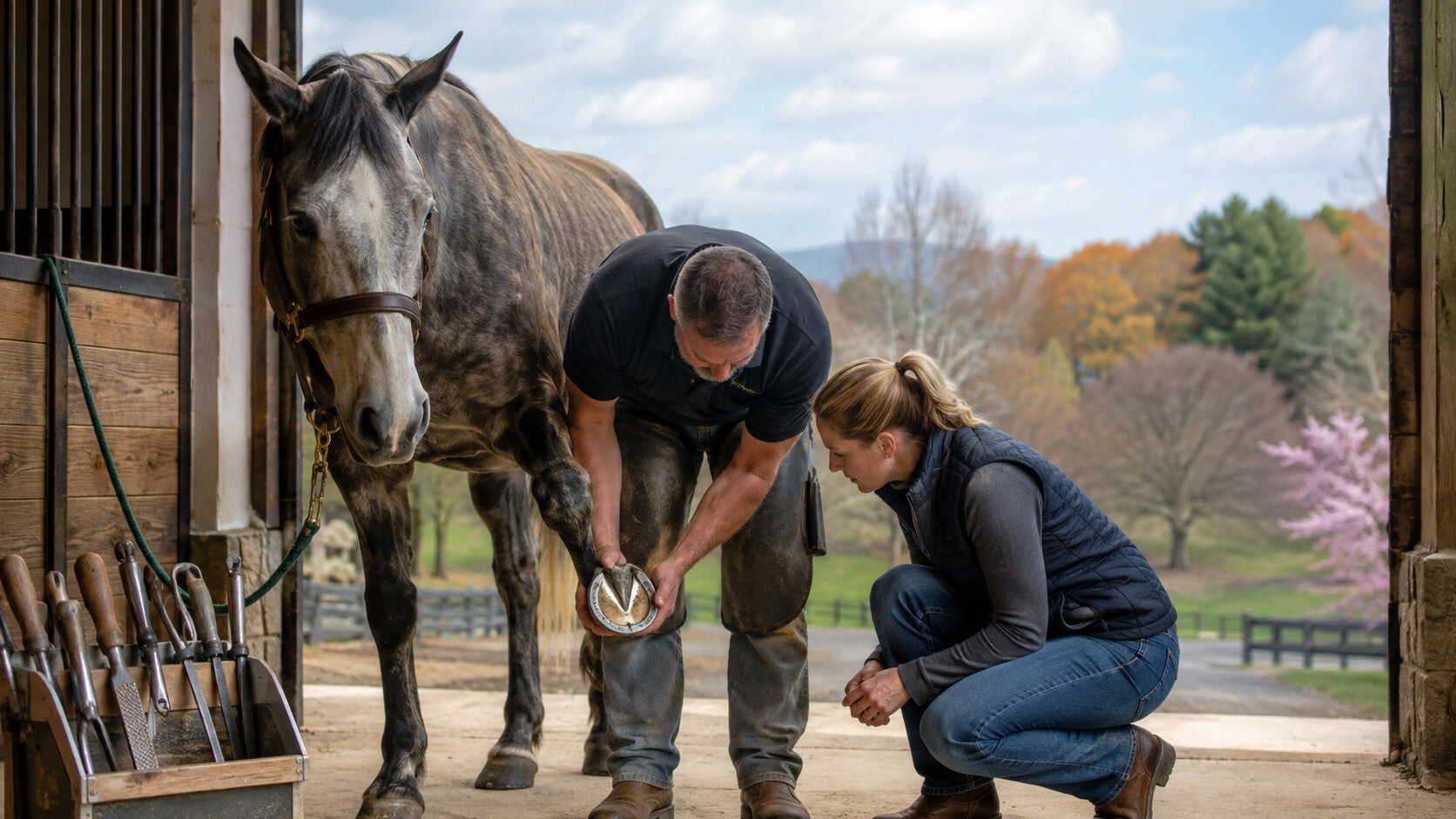 Farrier and horse owner examining a clean hoof together