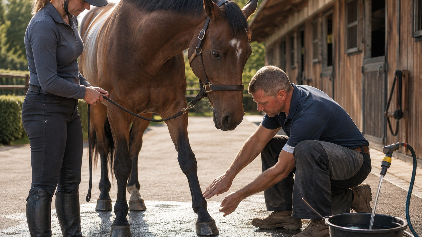 Farrier and rider checking a horse's hooves after work