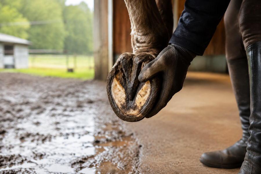 Clean horse hoof inspected after wet footing as part of moisture management