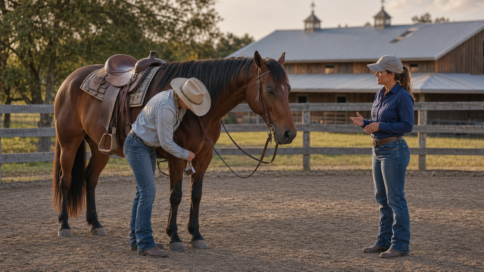 Rider and trainer checking a horse after ending a training session early