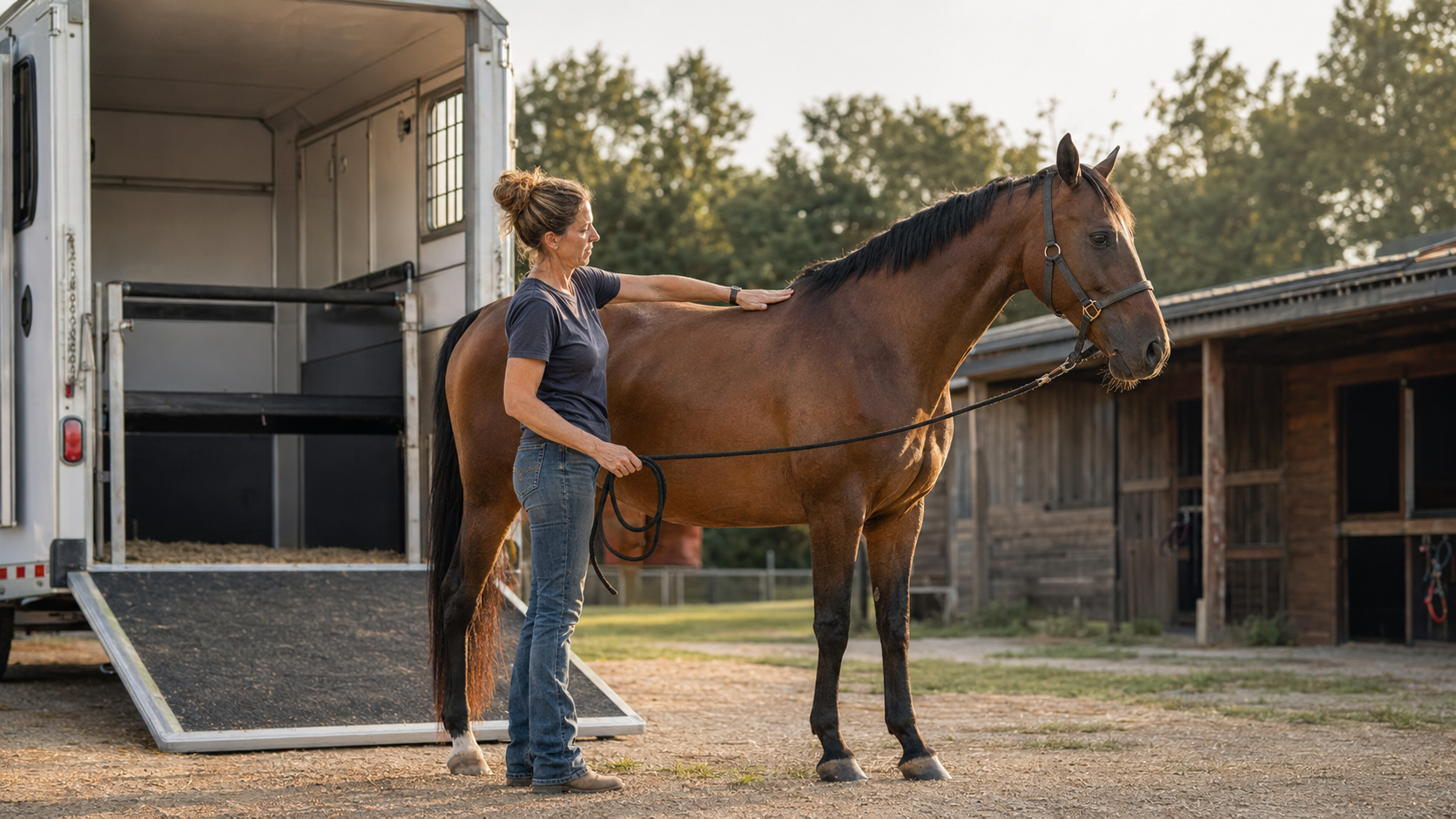 Owner checking a horse's back after unloading from a long haul