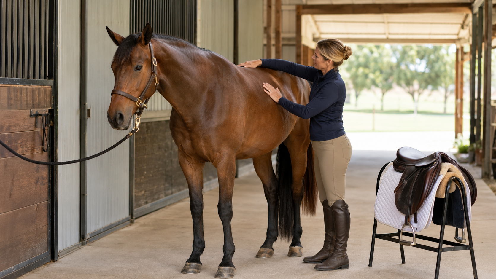 Rider checking a horse's back and saddle area before riding
