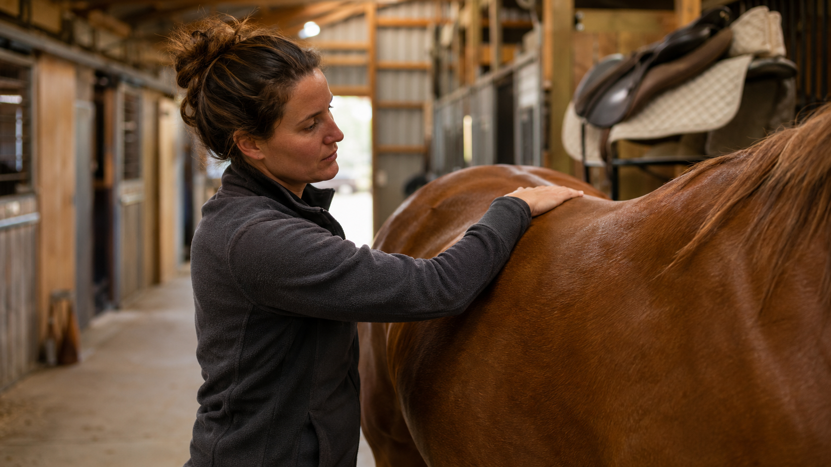 Horse owner checking the back after trying a different saddle