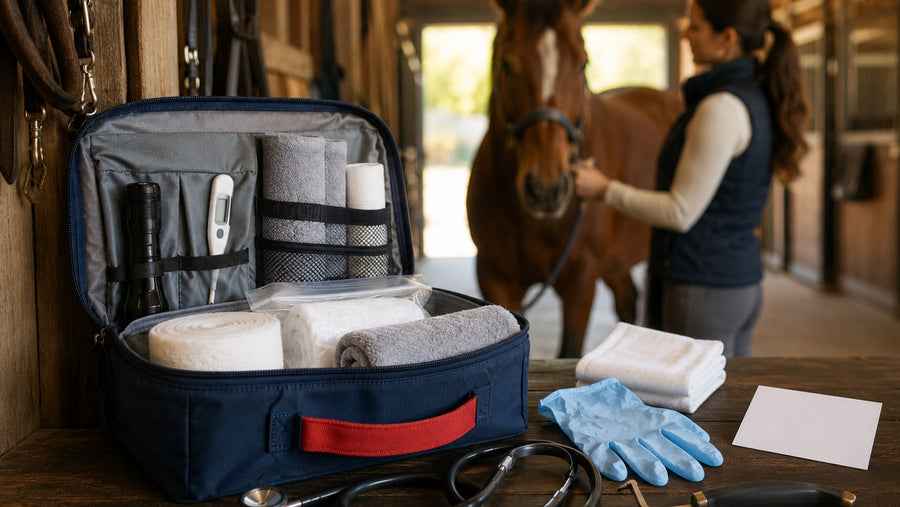 Organized horse barn emergency kit with practical supplies