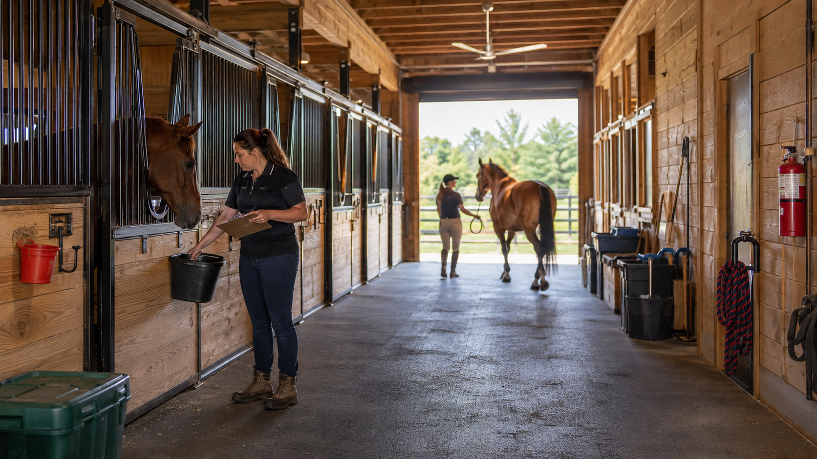 Clean organized horse barn during a daily management routine