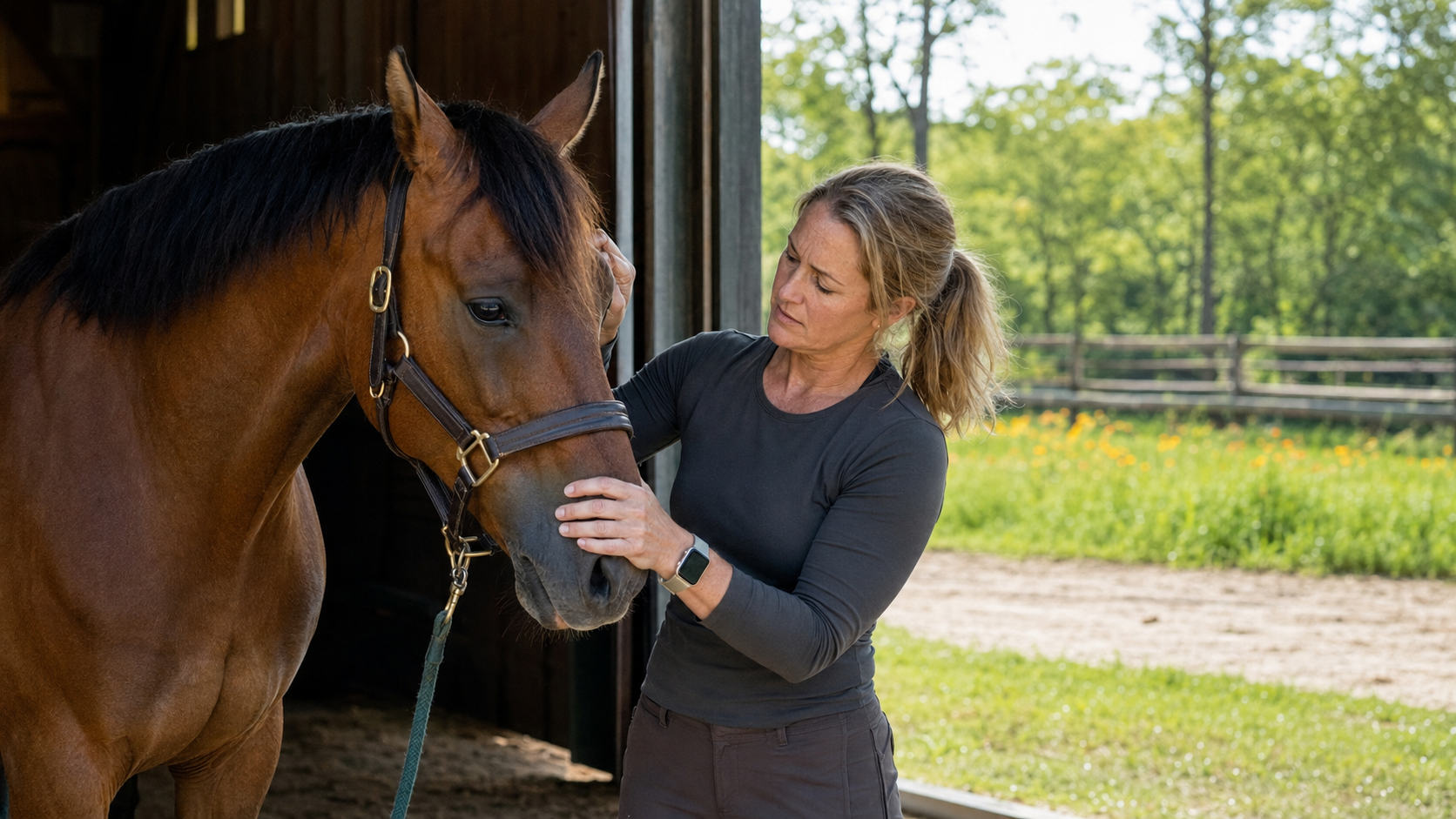 Horse owner checking a horse's face and muzzle after a possible bee or wasp sting
