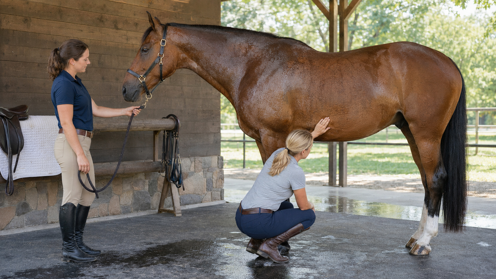 Horse owner checking the belly and girth area after summer sweat