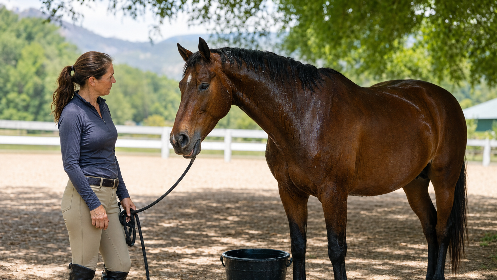 Owner monitoring a horse's breathing after light work