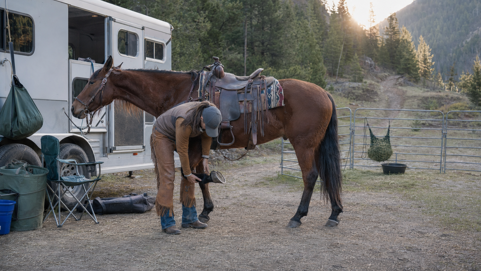 Rider checking a trail horse beside a trailer at a horse camping site
