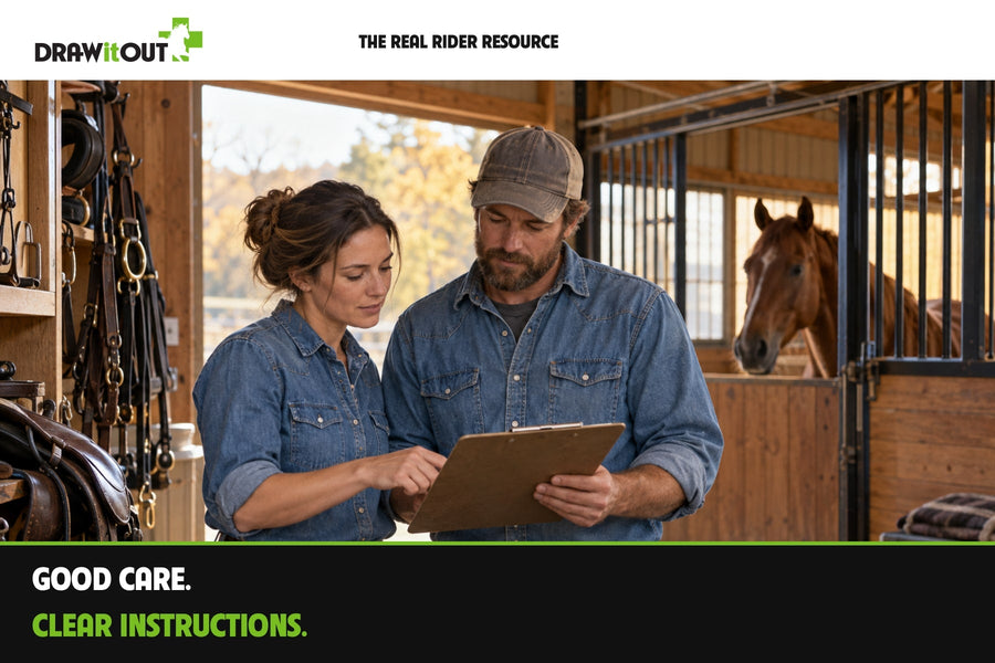 The Real Rider Resource: two horse owners reviewing care instructions beside a stalled horse.