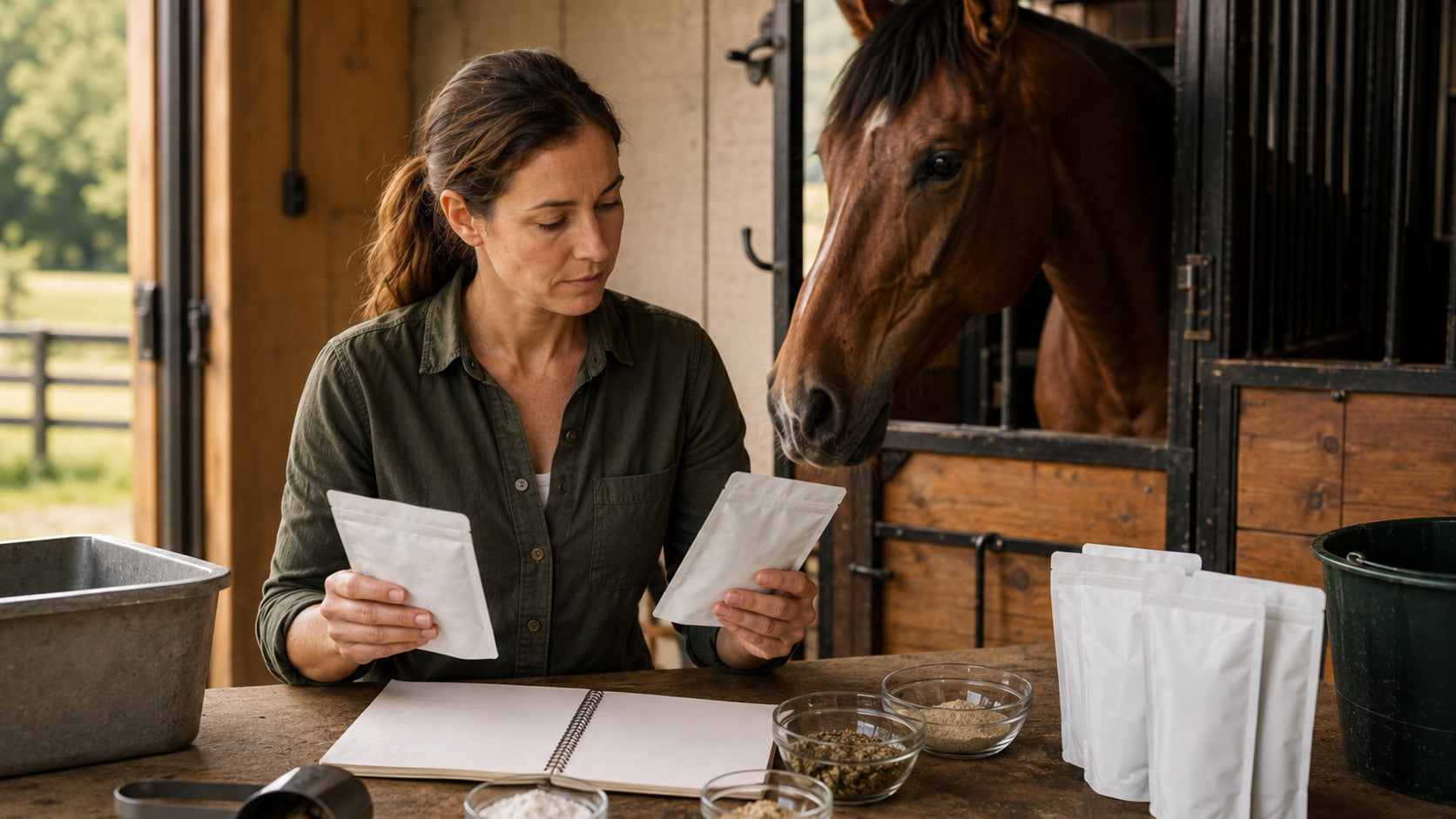 Horse owner comparing plain horse-care ingredient labels at a barn workbench