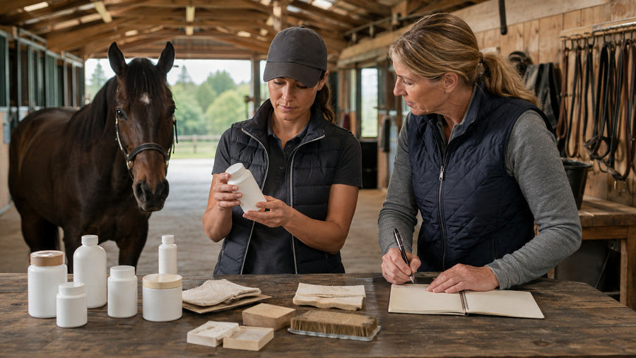 Horse owner and equine professional reviewing unbranded labels and materials