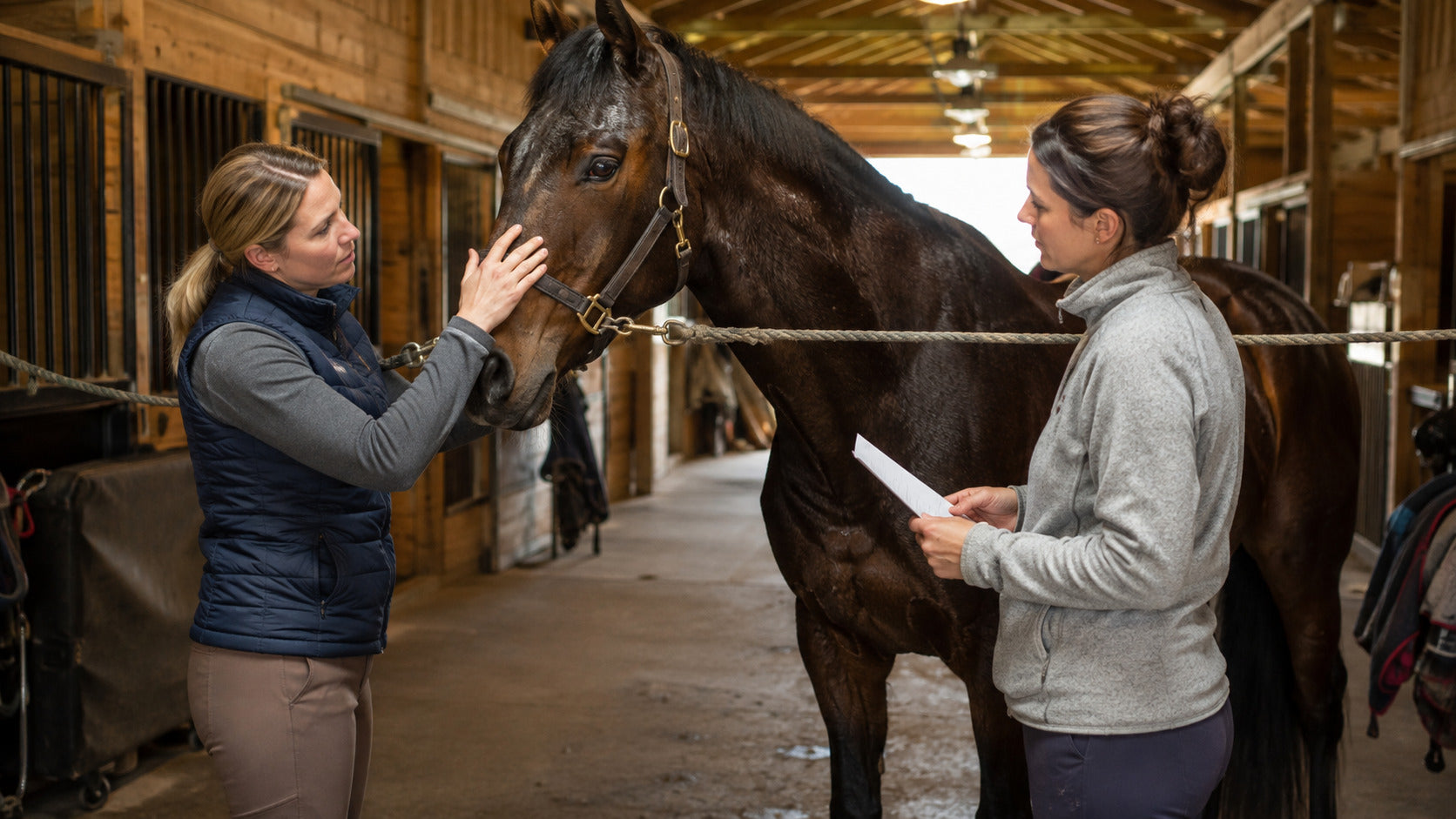 Two horse owners comparing notes during a grooming check