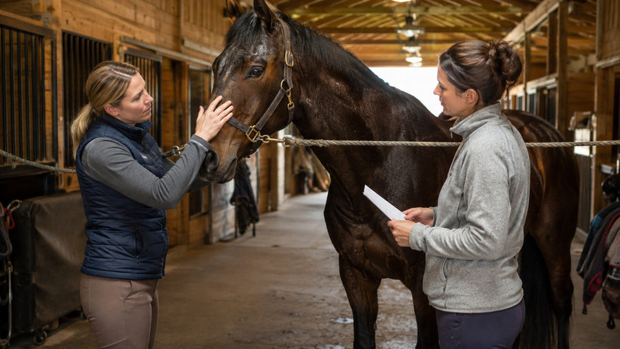 Two horse owners comparing notes during a grooming check