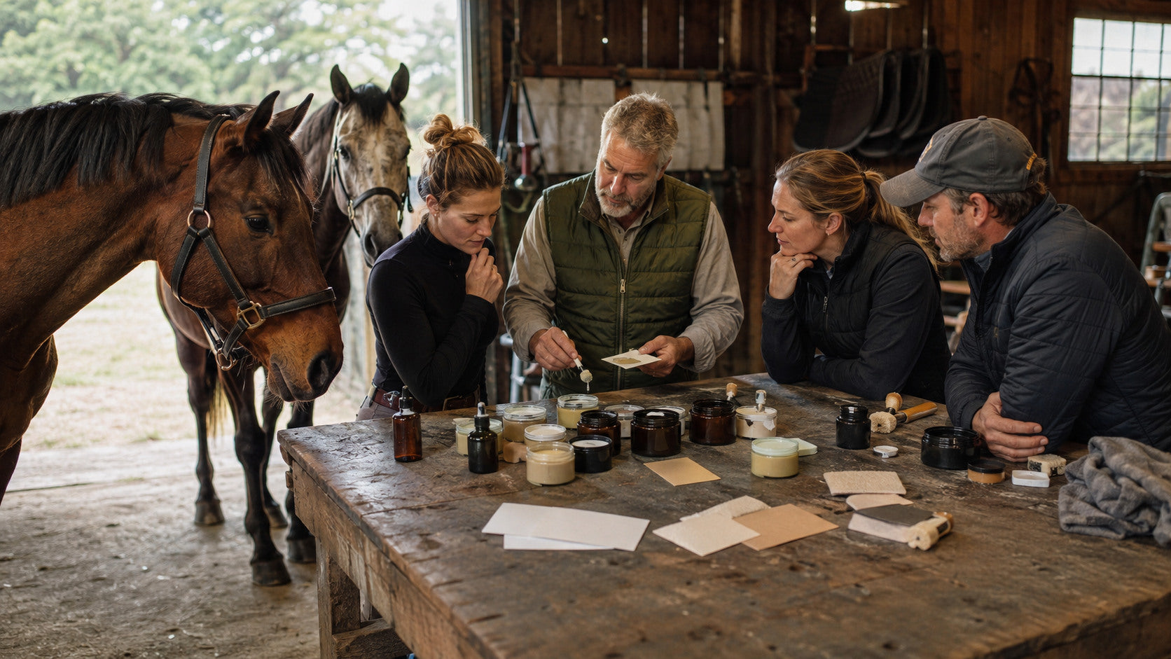 Riders and a product developer reviewing unbranded horse-care samples