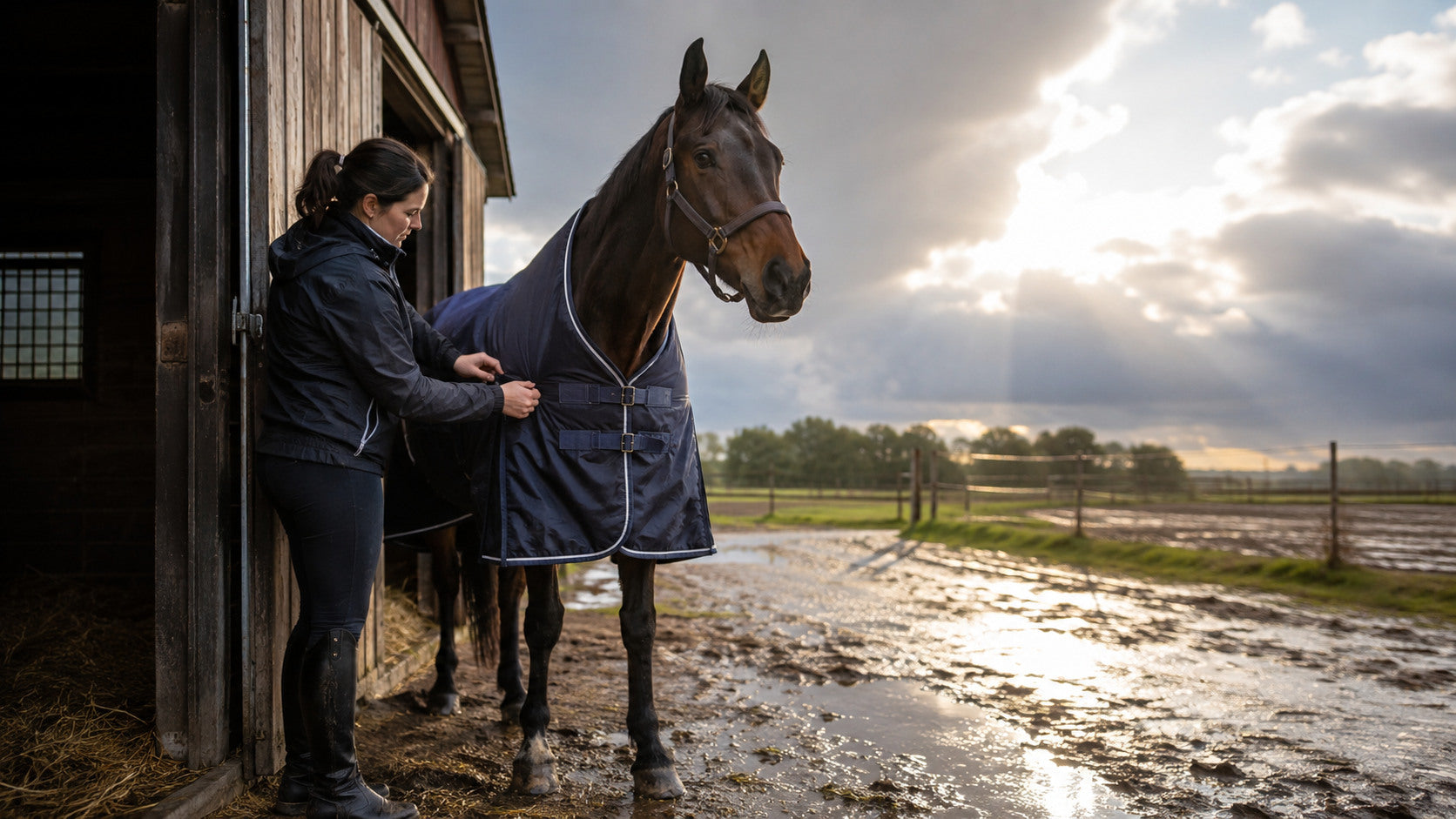 Horse owner adjusting a turnout blanket during changing weather