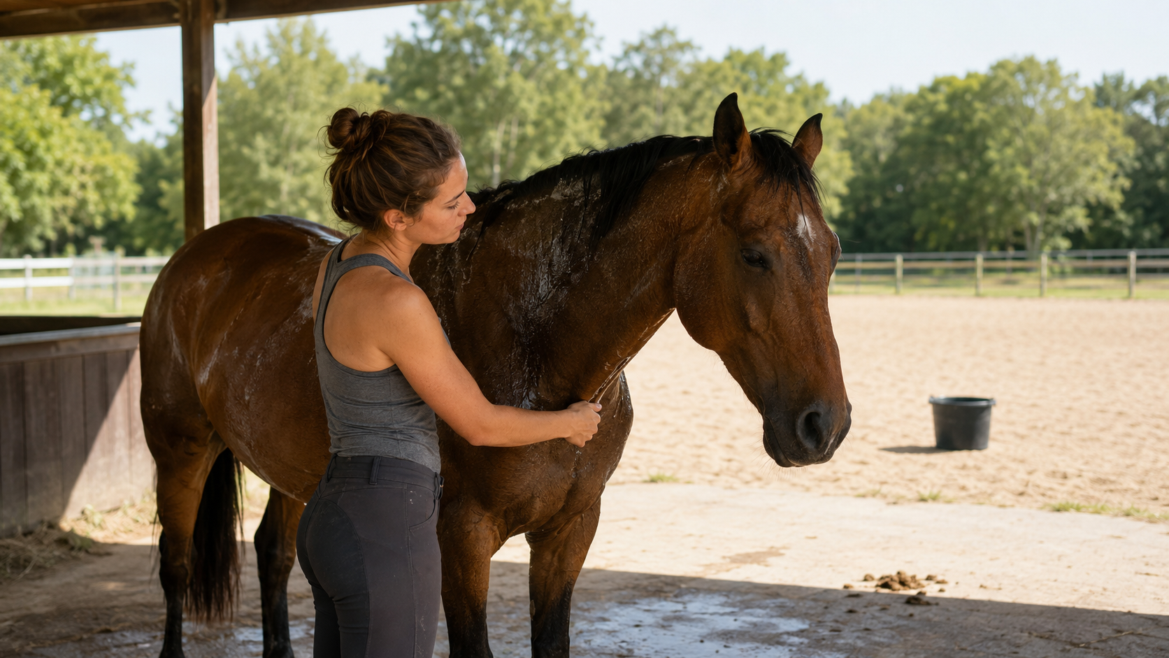 Rider checking a horse's breathing and posture after a hot ride