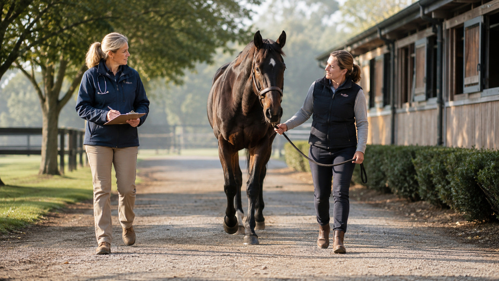Equine veterinarian and owner observing a horse walking after time off
