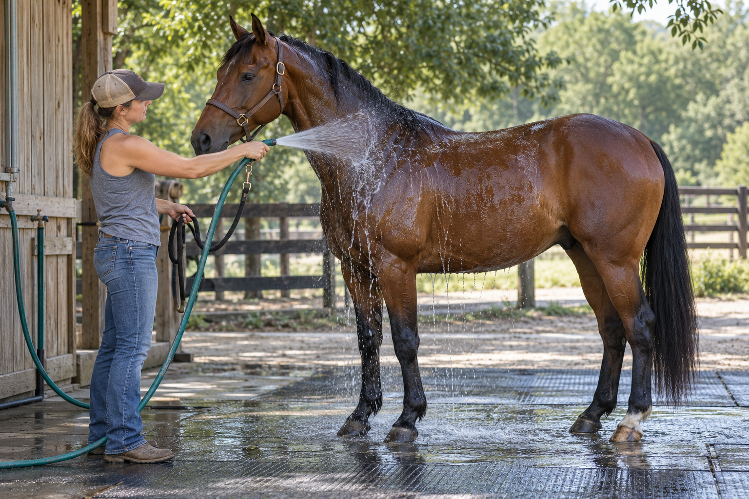 AI-generated illustration of a handler cooling a bay horse with flowing water in a shaded wash area.