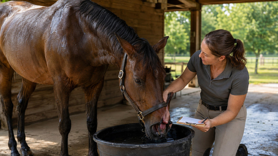 Horse drinking clean water while the rider checks hydration signs