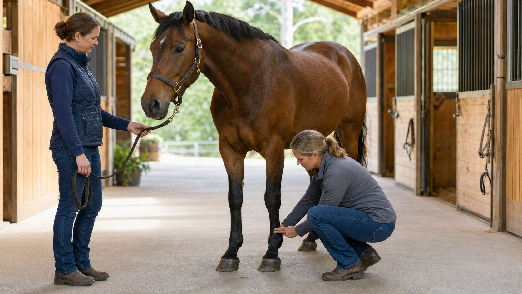 Horse owner checking the digital pulse at a front fetlock