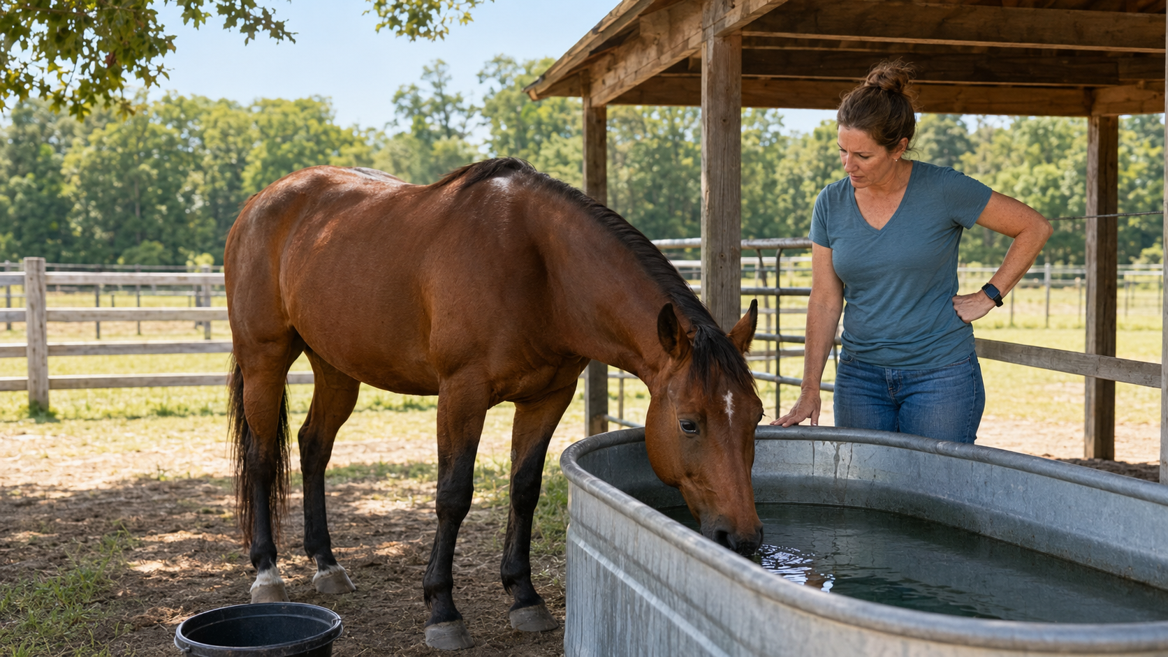Horse owner observing a horse drinking from a trough in summer
