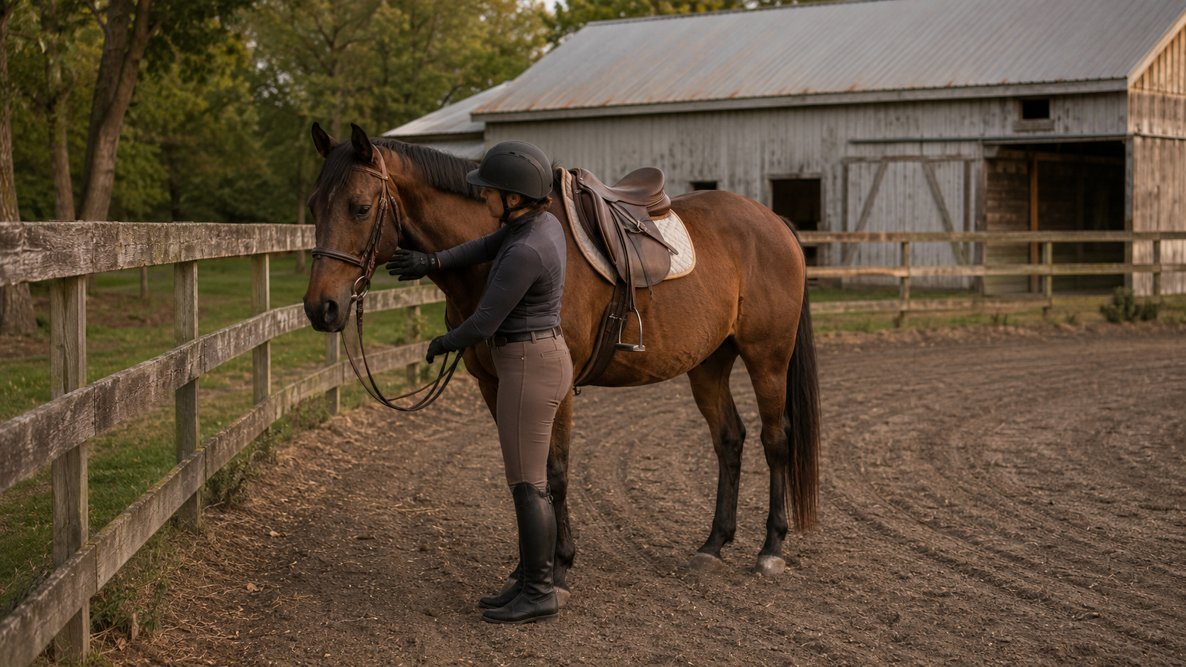 Rider checking saddle balance after a horse drops a shoulder in turns