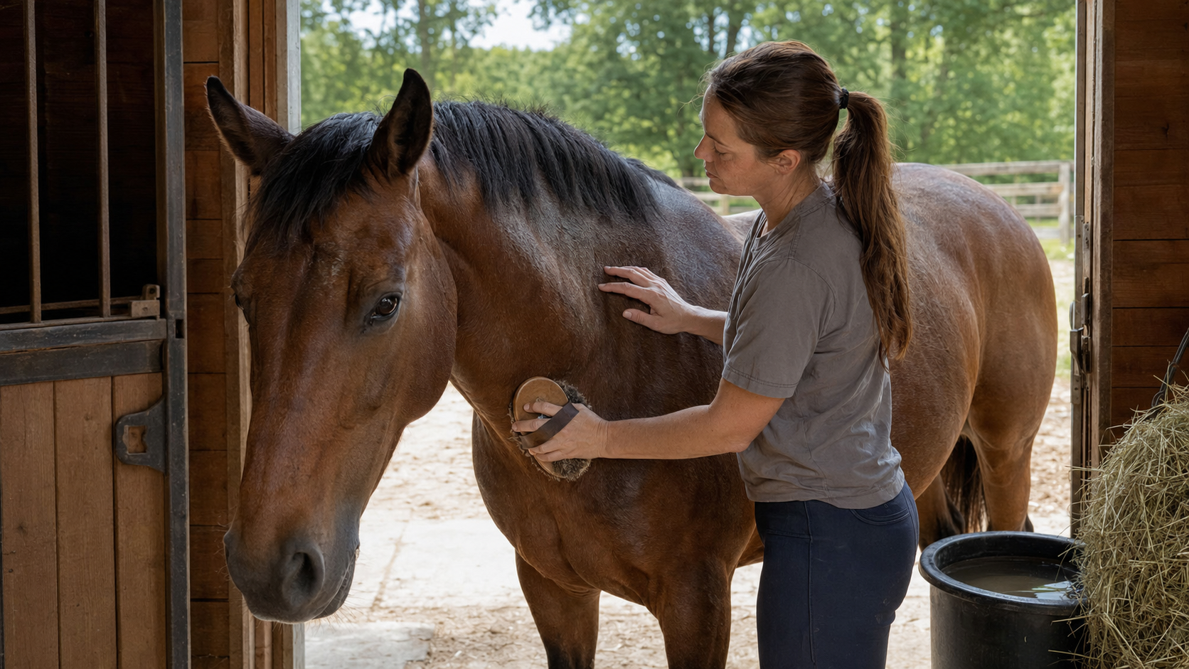 Horse owner grooming and checking a horse’s coat in midsummer