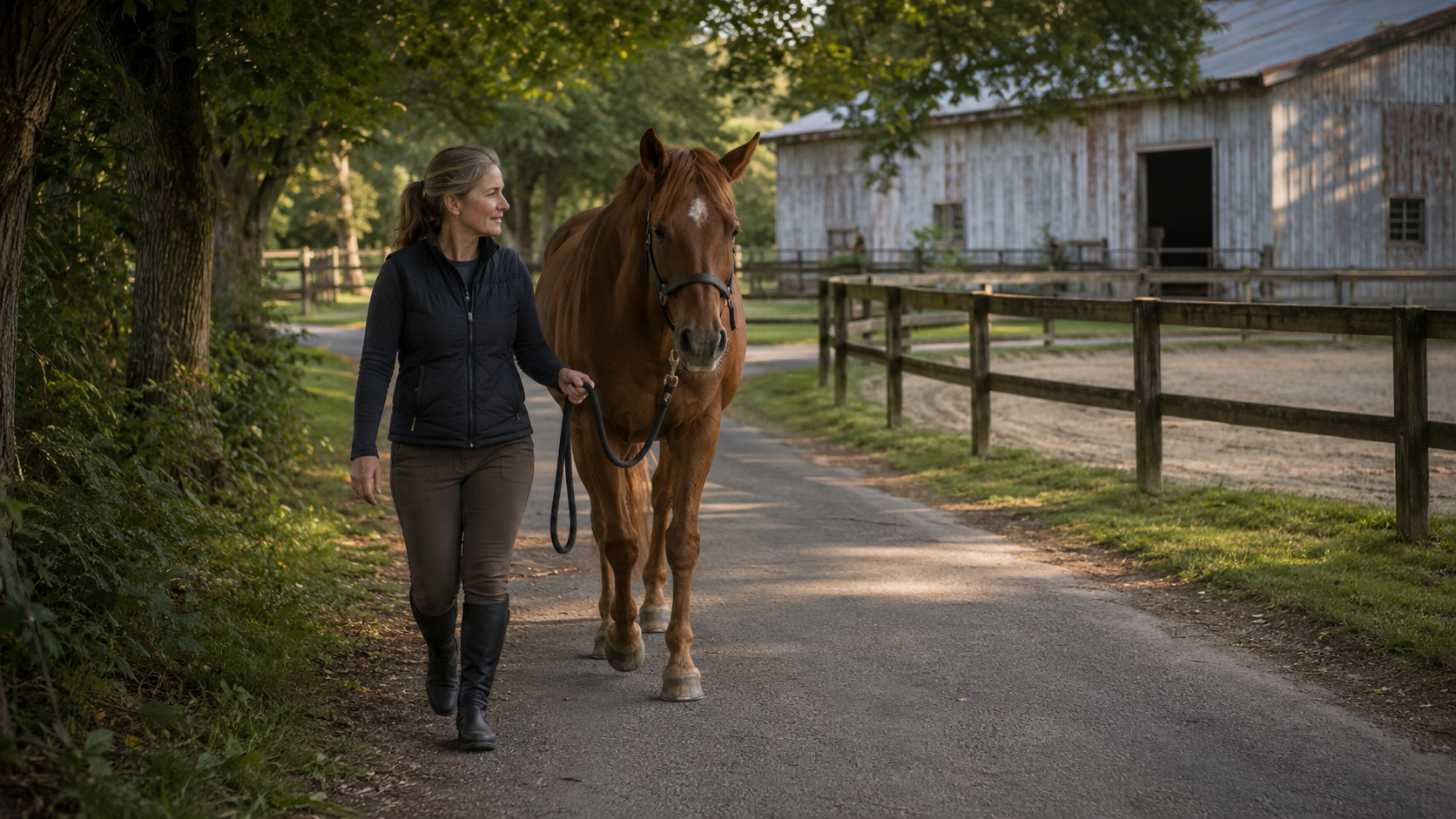 Horse owner choosing an easy hand-walk after work
